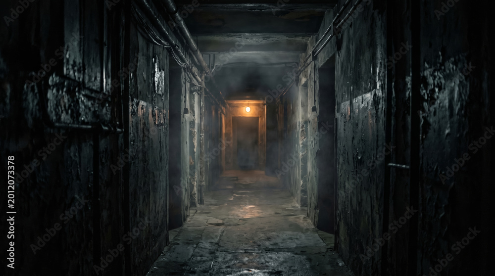 Obraz premium Horror Dark empty corridor with glowing light at the end. Abandoned hallway with mysterious fog. Halloween. Spooky interior of old building, cinematic atmosphere and conceptual suspenseful background