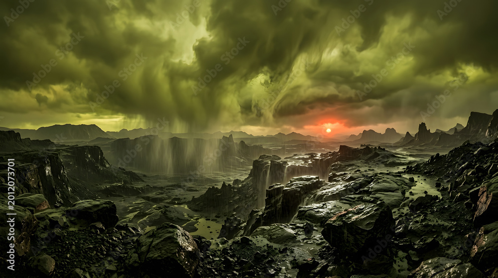 Fototapeta premium Stormy landscape with heavy rain clouds and dramatic sunset over rugged rocky terrain
