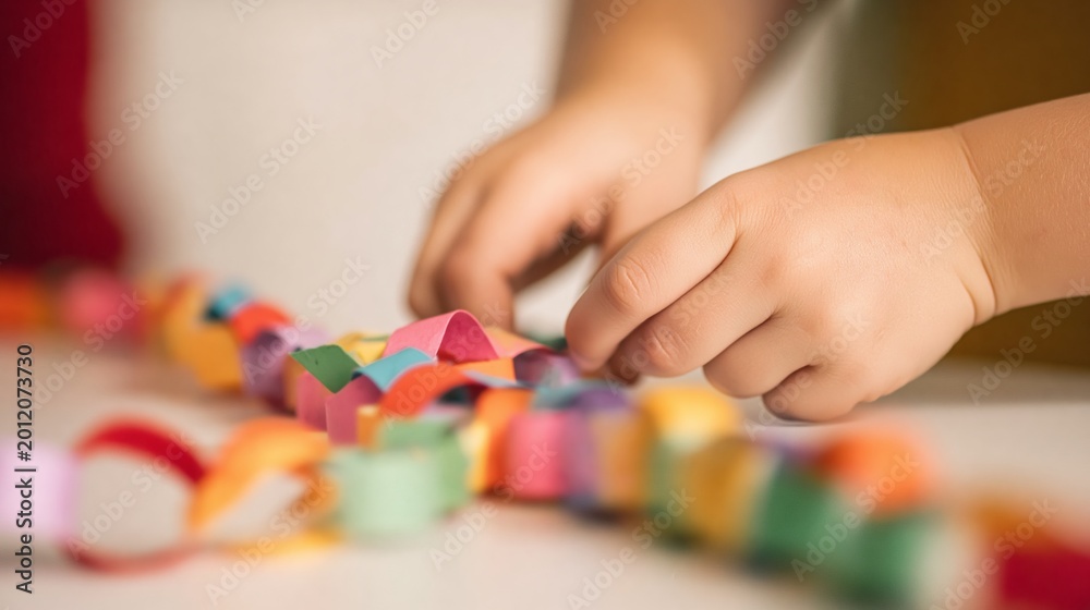 Fototapeta premium Close-up of a child's hands creating a colorful paper chain garland for decoration