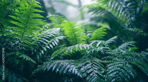 Lush green fern fronds with soft light filtering through a misty forest