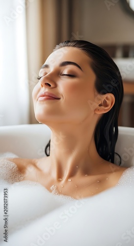 Relaxed Young Woman Enjoying Bubble Bath in Warm Bathroom Light