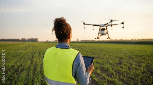 Black female farmer uses tablet to control drone over agricultural field at sunset