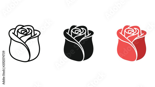 three stylized roses in cylindrical vases flat design vector illustration