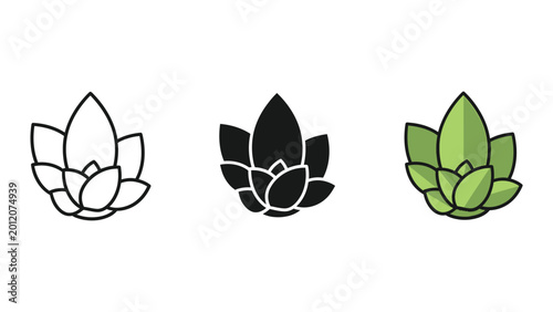 three lotus flowers in line art flat design vector illustration