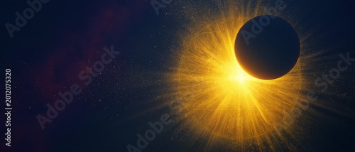 Cosmic eclipse with celestial patterns and glowing energy bursts