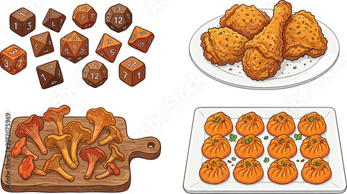 Photography Hand Drawn Food and Gaming Collection with Dice Fried Chicken Mushrooms and Dump