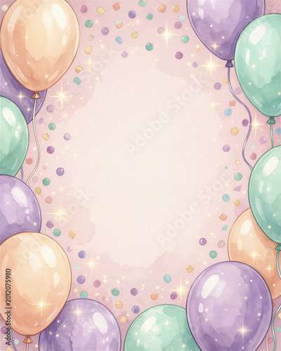 Colorful balloons and confetti scattered around the edges of a pink background with pastel colors, forming a festive birthday border.