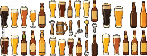 Foto Hand Drawn Beer Glasses Bottles Openers and Brewery Equipment Collection Traditi