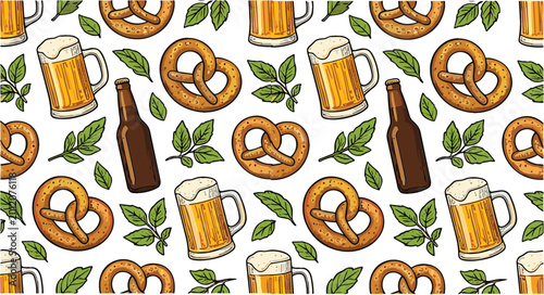 Hand Drawn Oktoberfest Seamless Pattern with Beer Mugs Pretzels Bottles and Green Leaves Traditional German Festival Food Background