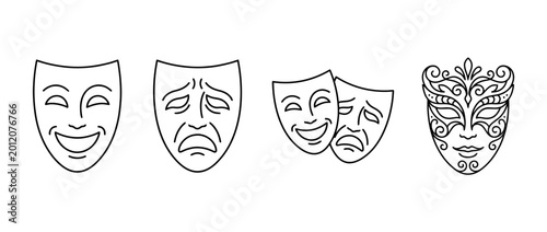 An artistic representation through simple black lineart showcasing drama masks ranging from happy to sad, capturing the essence of theatrical art and emotions.