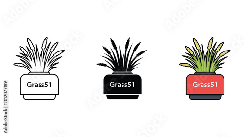 three potted grass plants in flat design vector illustration
