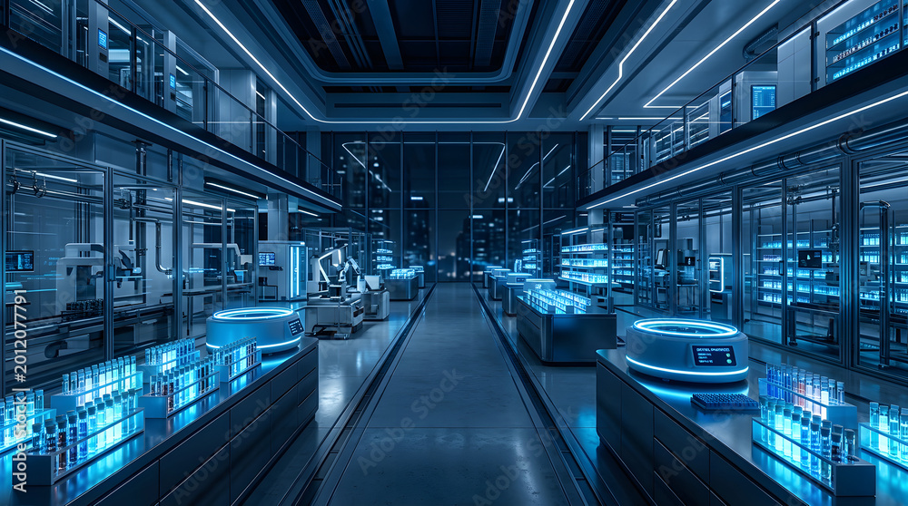 Obraz premium Futuristic tech laboratory interior with glowing blue lights and scientific equipment