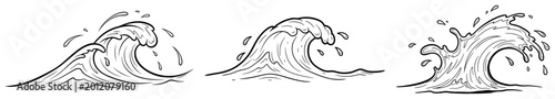 Foto Breaking ocean waves with water splashes and sea foam in hand drawn sketch style