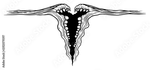 Canvas Print Gaping monster mouth with sharp teeth opening in ground in hand drawn engraving