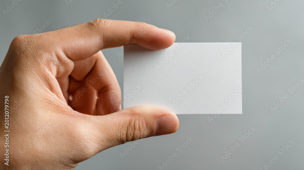 Fototapeta premium Hand holding a blank white rectangular card with a neutral gray background perfect for business or personal use with copy space for text or design ideas