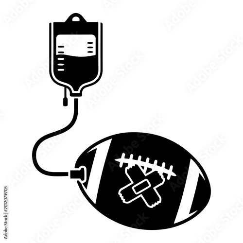 American football ball connected to medical iv drip bag with bandage in flat style