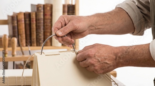 Artisan hands tying knots with thick twine while hand sewing paper signatures for traditional bookbinding