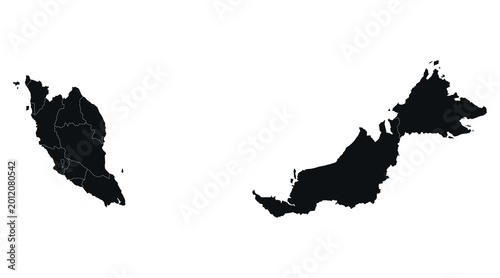 Black silhouette vector of Malaysia with internal state boundaries, Peninsular and East Malaysia