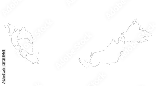 Outline vector map of Malaysia with state borders, Peninsular and East Malaysia on white background