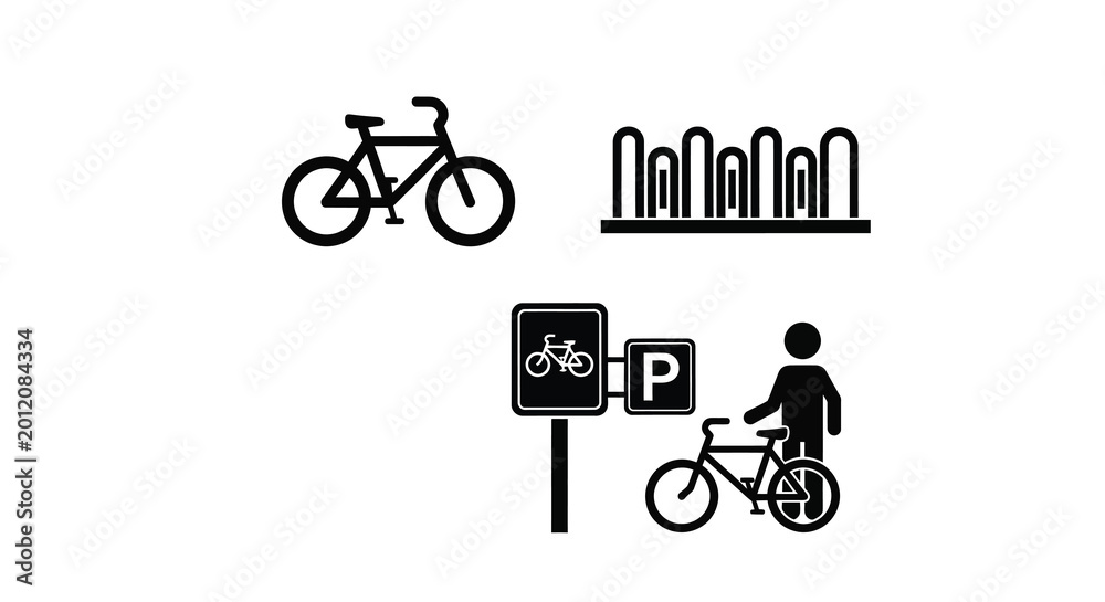 Fototapeta premium Black icons depict cycling infrastructure and parking a bold silhouette
