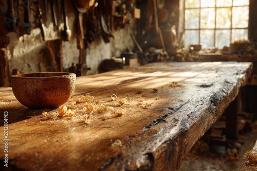 Rustic woodworking workshop with handcrafted wooden table and warm cinematic sunlight illuminating artisan details