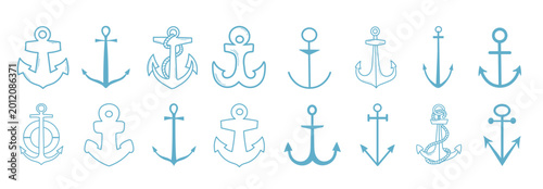 Photos Set of various nautical anchor icons and symbols in hand-drawn line art style