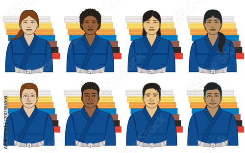 diversity, race, ethnicity of judo martial artist, judoka, vector icons, male and female, wearing blue kimono, with set of judo belts in ranked colours, isolated on a white background