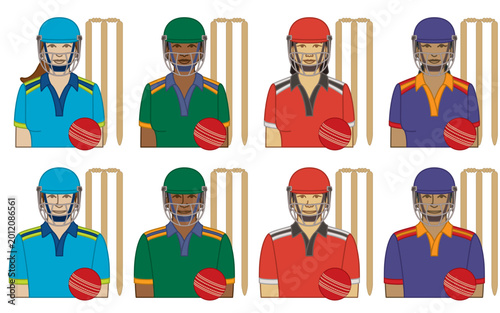 diversity, race, ethnicity of cricket wicket-keeper, vector icons, male and female, wearing uniform and helmet, with ball and wicket, isolated on a white background