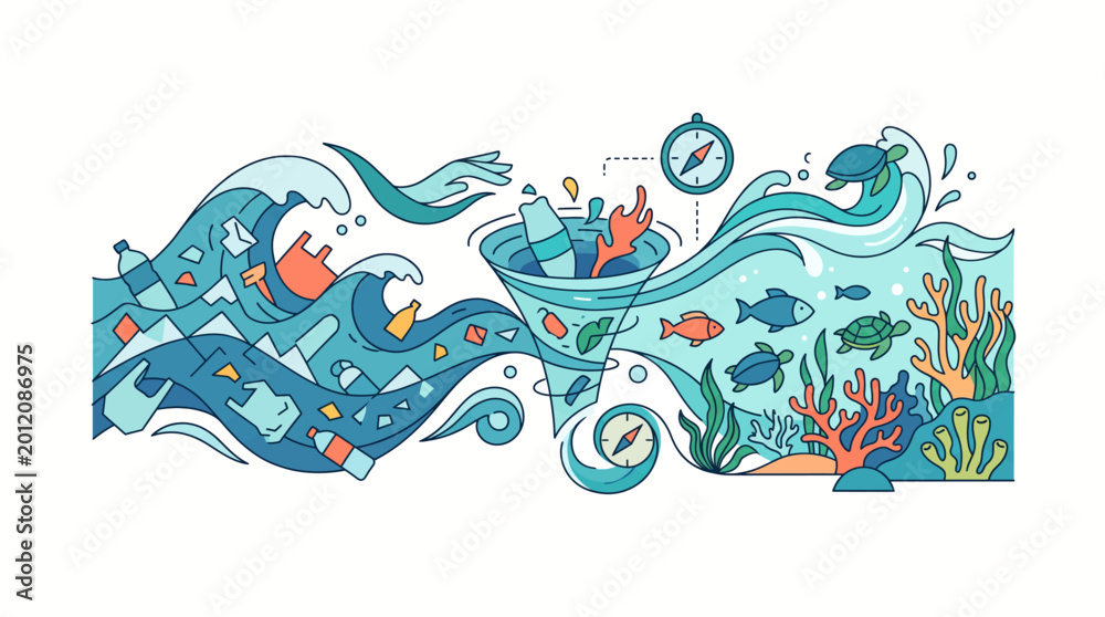 Naklejka premium Oceanic illustration with plastic pollution concept.