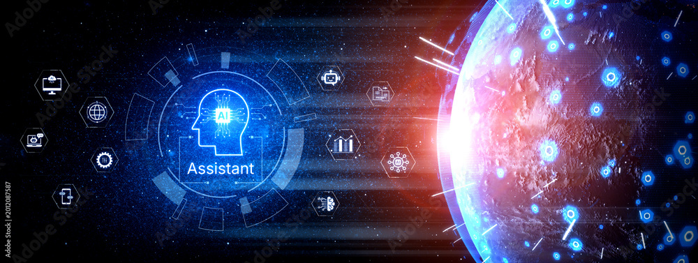 Fototapeta premium Futuristic AI assistant with autonomous agent capabilities, AI natural language understanding, and seamless business workflow AI integration. AI for modern productivity and tech solutions. Corpus