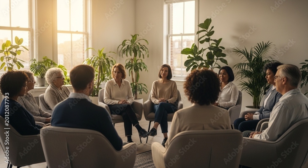 Obraz premium Diverse group of people sitting in a circle in a brightly lit room for a support group or therapy session