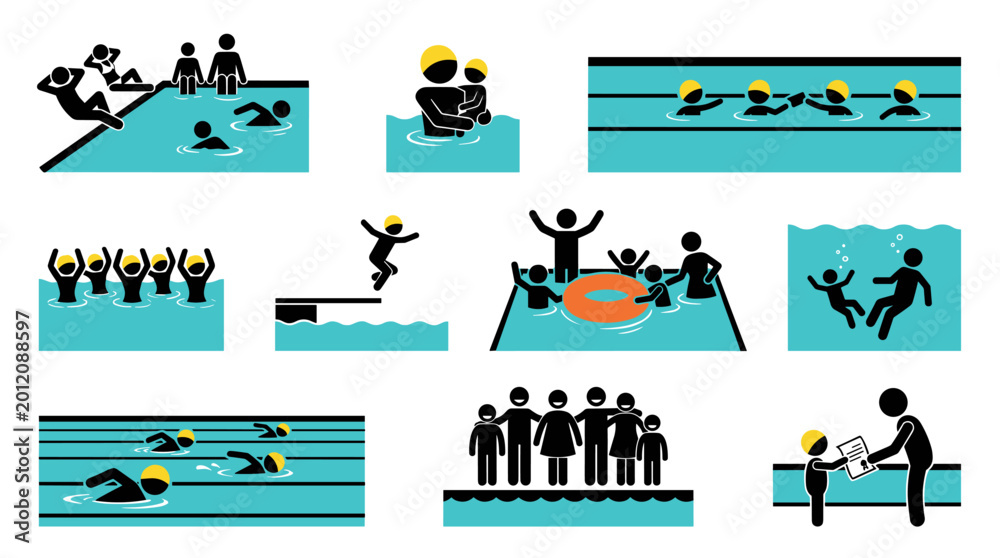 Fototapeta premium Swimming pool pictogram: diverse stick figures illustrate activities families and learn to swim concepts