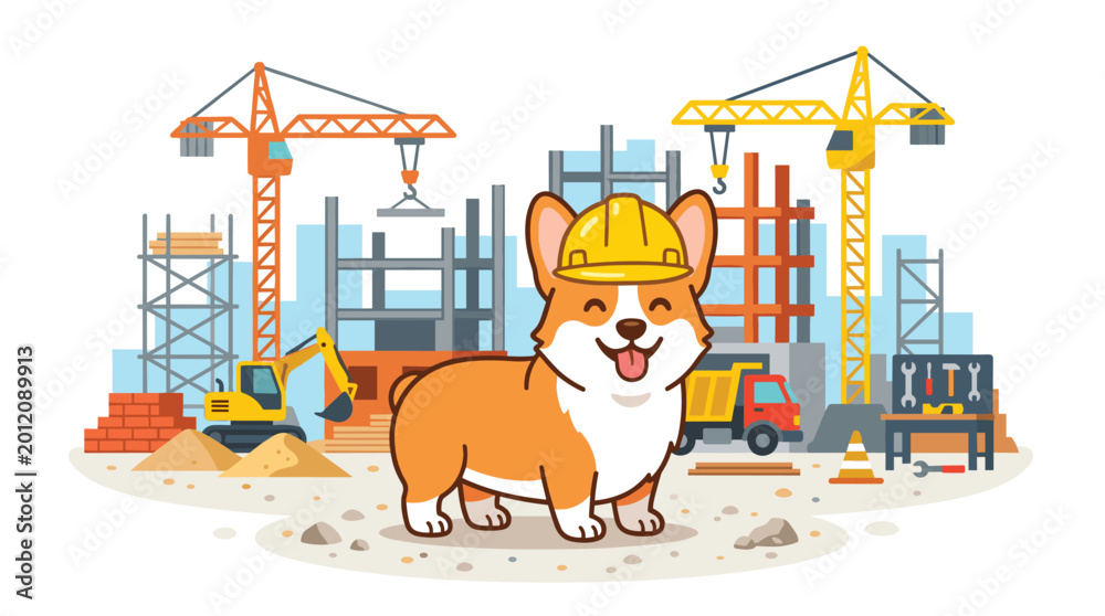 Fototapeta premium A cute corgi wearing a yellow safety helmet stands in the middle of a busy construction site with cranes and heavy machinery visible in the background.