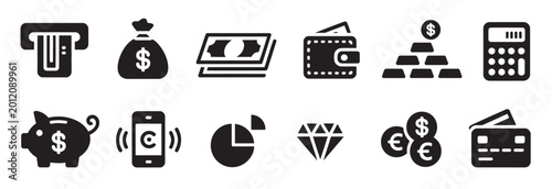 Fotografía Collection of finance and money icons including ATM, piggy bank, gold bars, and coins