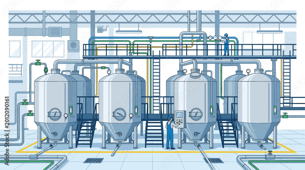 Fototapeta premium Industrial workers operate large stainless steel storage tanks within a modern manufacturing facility featuring complex piping systems under bright professional interior lighting.