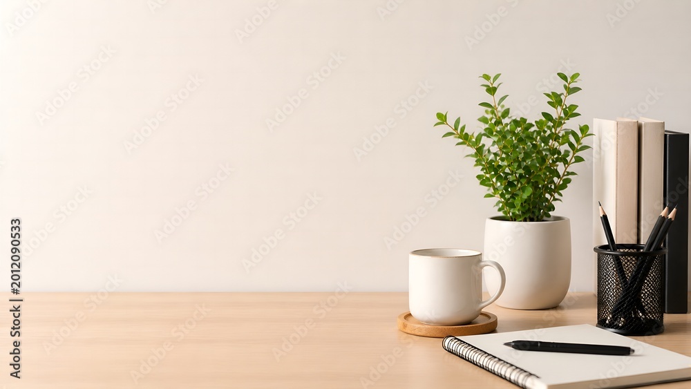 Fototapeta premium A serene workspace with a plant and books.