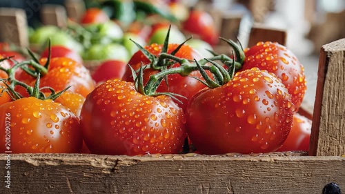 Fresh Ripe Tomatoes With Water Droplets In Wooden Crate.