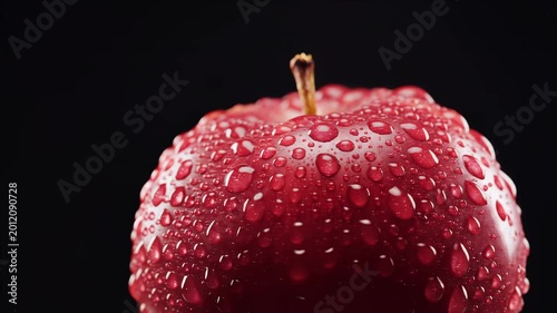 Close up of a fresh red apple covered in water droplets.