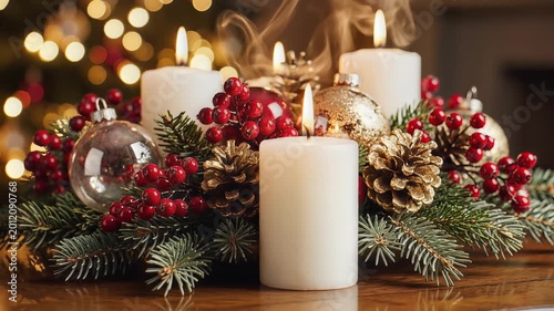 Beautiful Christmas Advent Wreath with Burning Candles and Festive Decorations.