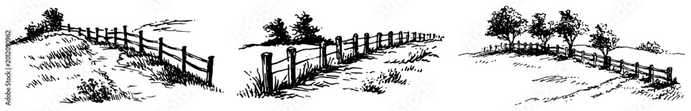 Fototapeta premium Rural landscape scenes with wooden fences and rolling hills in black and white hand drawn style