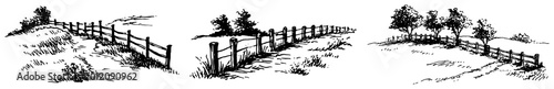 Rural landscape scenes with wooden fences and rolling hills in black and white hand drawn style