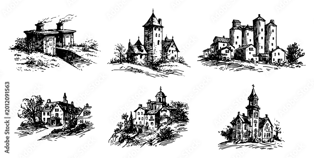 Obraz premium Historic castles and manor houses with towers in vintage hand drawn sketch style