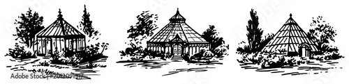 Foto Glass greenhouses and botanical garden conservatories in vintage sketch style