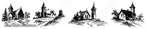Photos Rural churches and chapels in a country landscape in vintage hand drawn sketch s