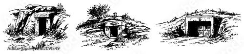 Bild auf Leinwand Stone bunkers and cave entrances built into hillsides in vintage hand drawn sket