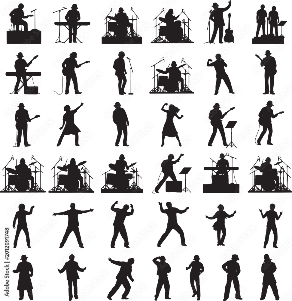 Fototapeta premium Silhouettes of musicians and dancers performing with silhouettes