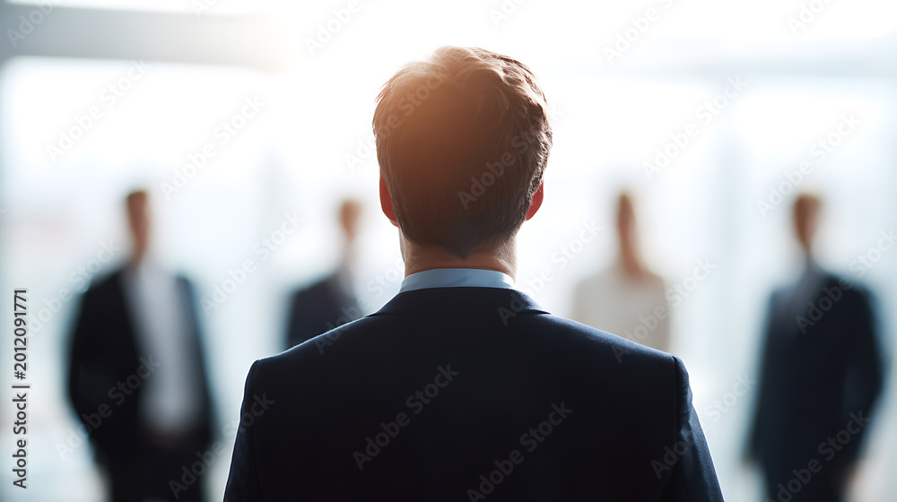 Fototapeta premium Rear View of Business Leader in Suit Address Colleagues, Team, or Audience in Bright Corporate Setting, Facing Group of People