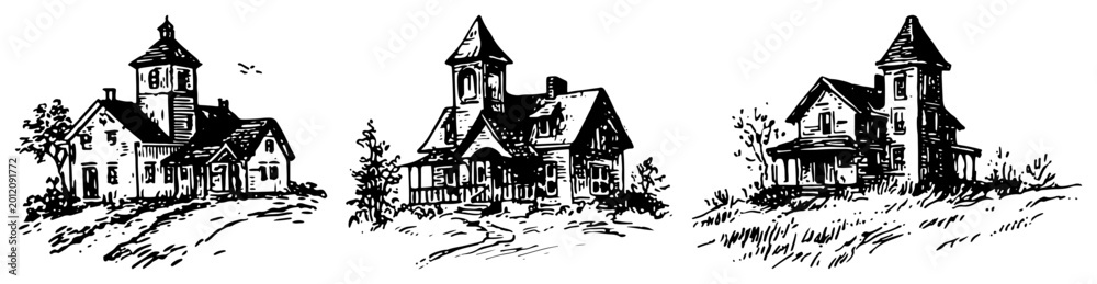 Fototapeta premium Victorian houses with towers and porches in vintage hand drawn sketch style