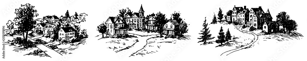 Naklejka premium Small rural villages and countryside towns on hillsides in vintage hand drawn sketch style
