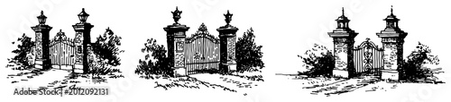 Foto Entrance gates with decorative stone pillars and ironwork vintage sketch style